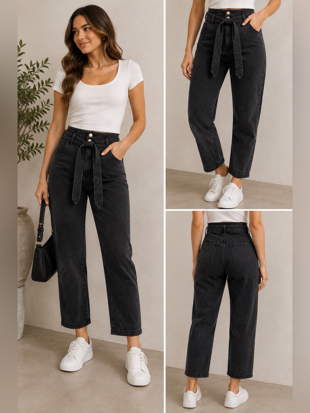 & other stories black high waist jeans size 4 belted cropped straight leg